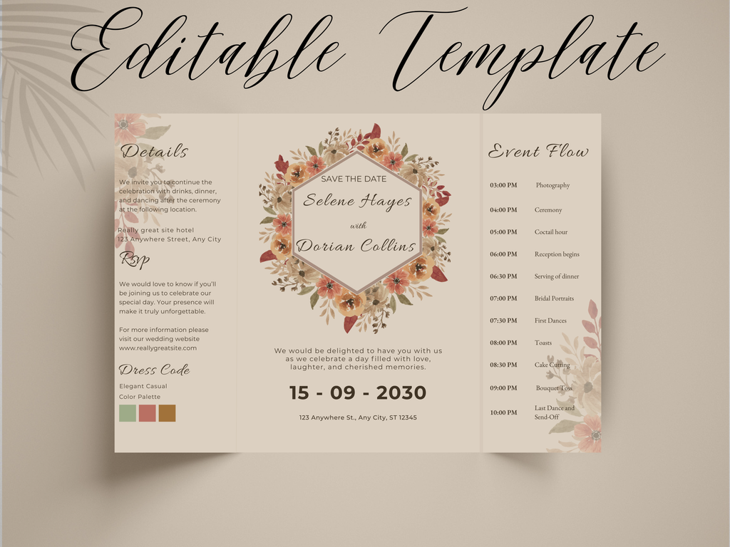Rustic Floral Gatefold Wedding Invitation Template | Boho Save the Date & Event | Editable Invitation Suite | Fall Wedding Template. WI182