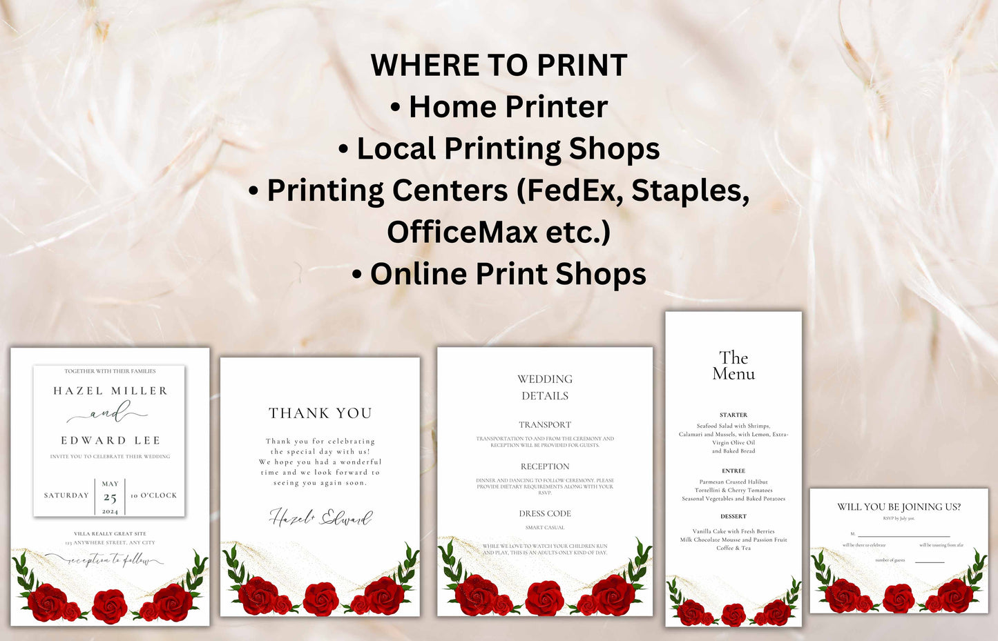 Red Rose Wedding Invitation set, Red Rose RSVP, Dark Red floral, Red Rose wedding Invitation, Details, Menu, Editable, Thank You Card. WIT62