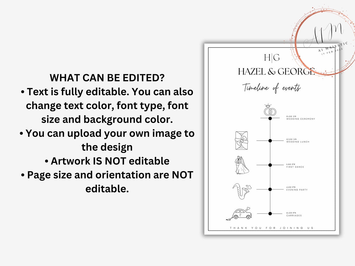 Digital Wedding Timeline Template, Wedding Planner, Printable Timeline Wedding Sign, Events Wedding Timeline Sign, Instant Download. WT31
