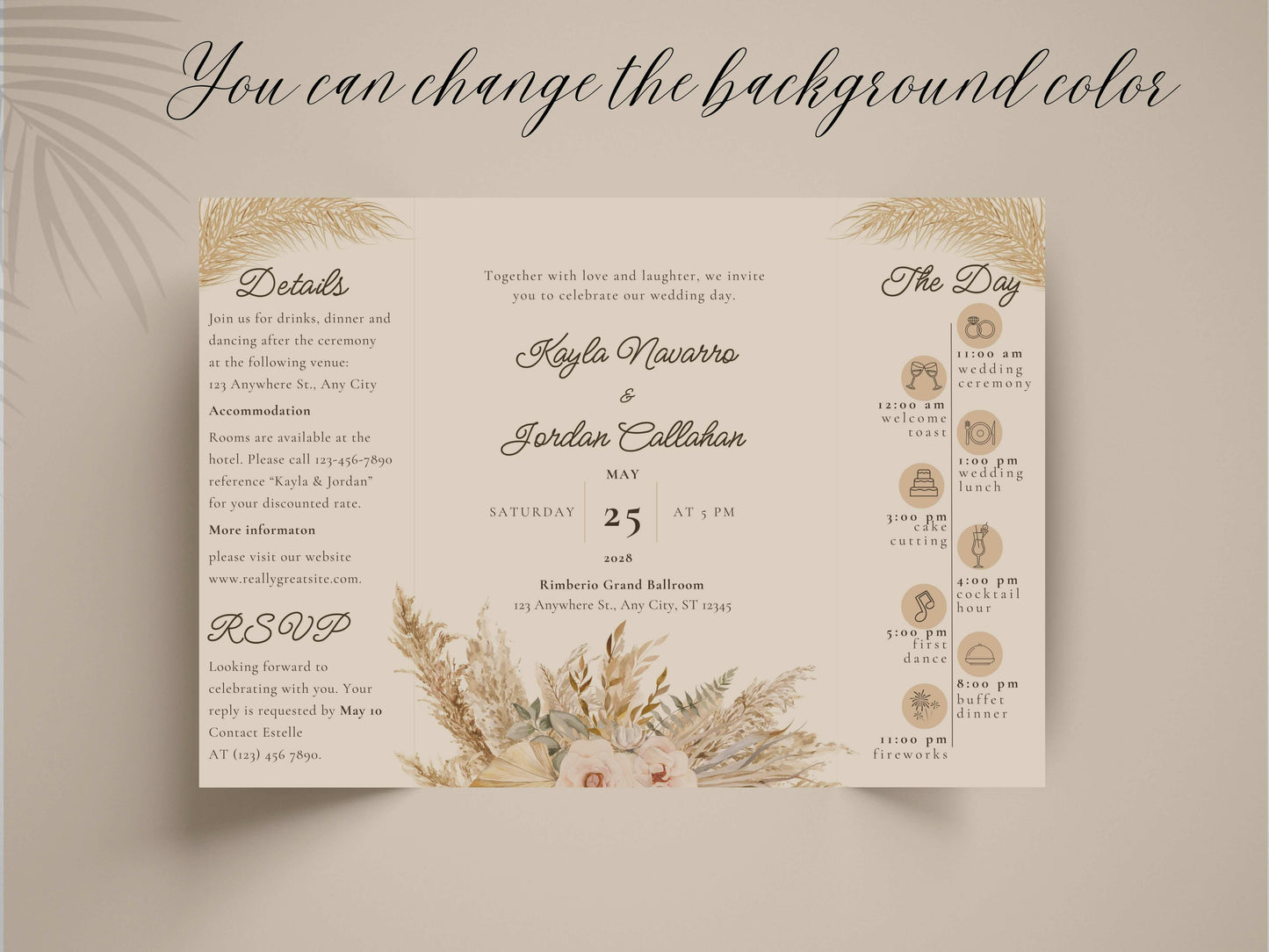 Rustic Gatefold Wedding Invitation | Boho Folded Invite with Timeline | Neutral Beige Floral Wedding Card | RSVP. WI142