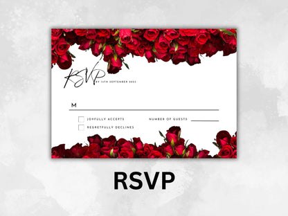 Red Rose Wedding Invitation set, Red Rose RSVP, Dark Red floral, Elegant Red Rose wedding Invitation, Details Card. WCT60