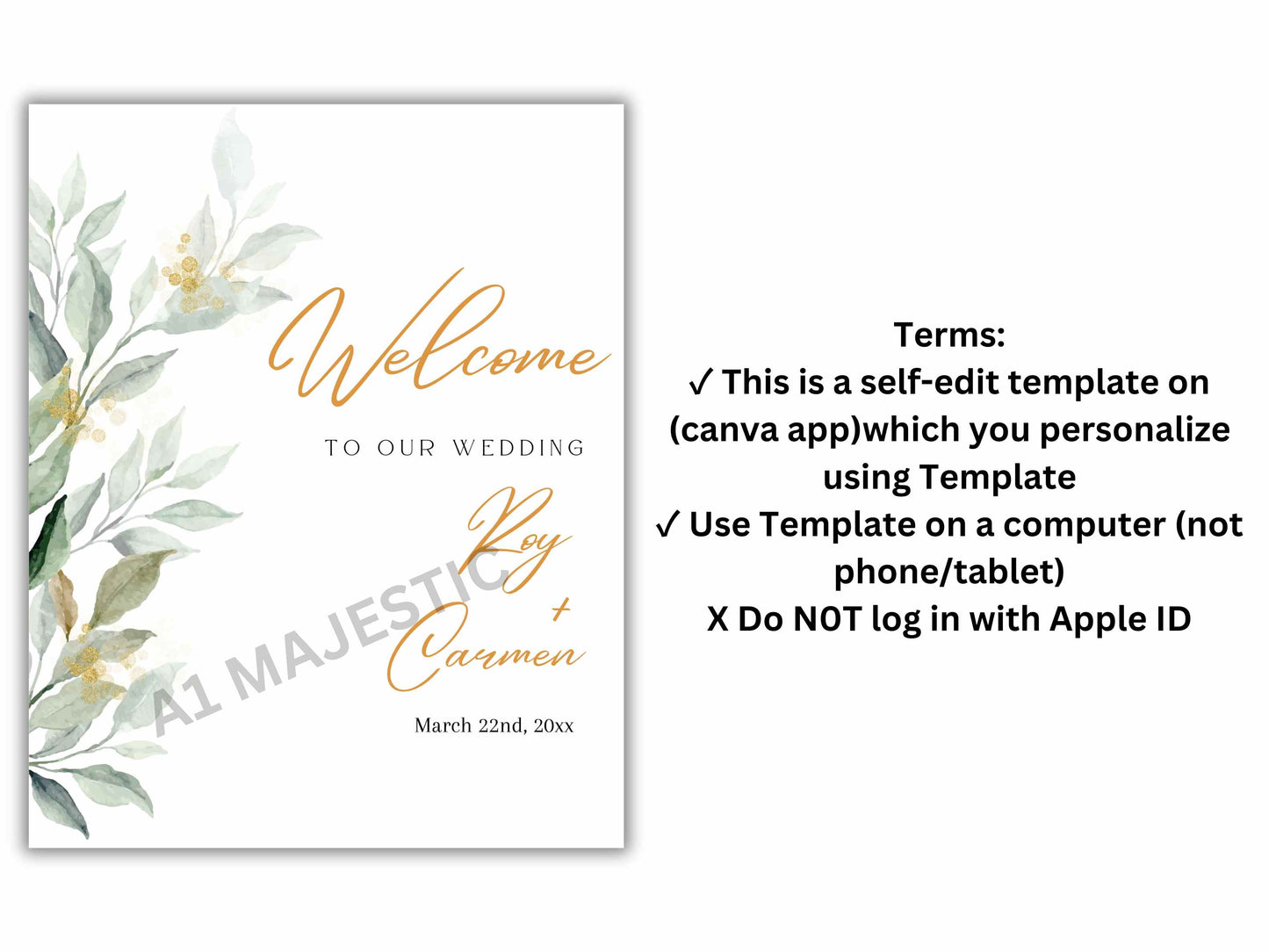 Green Leaves Wedding Welcome Sign Template, Greenery wedding welcome sign printable, Wedding welcome sign download. WS10