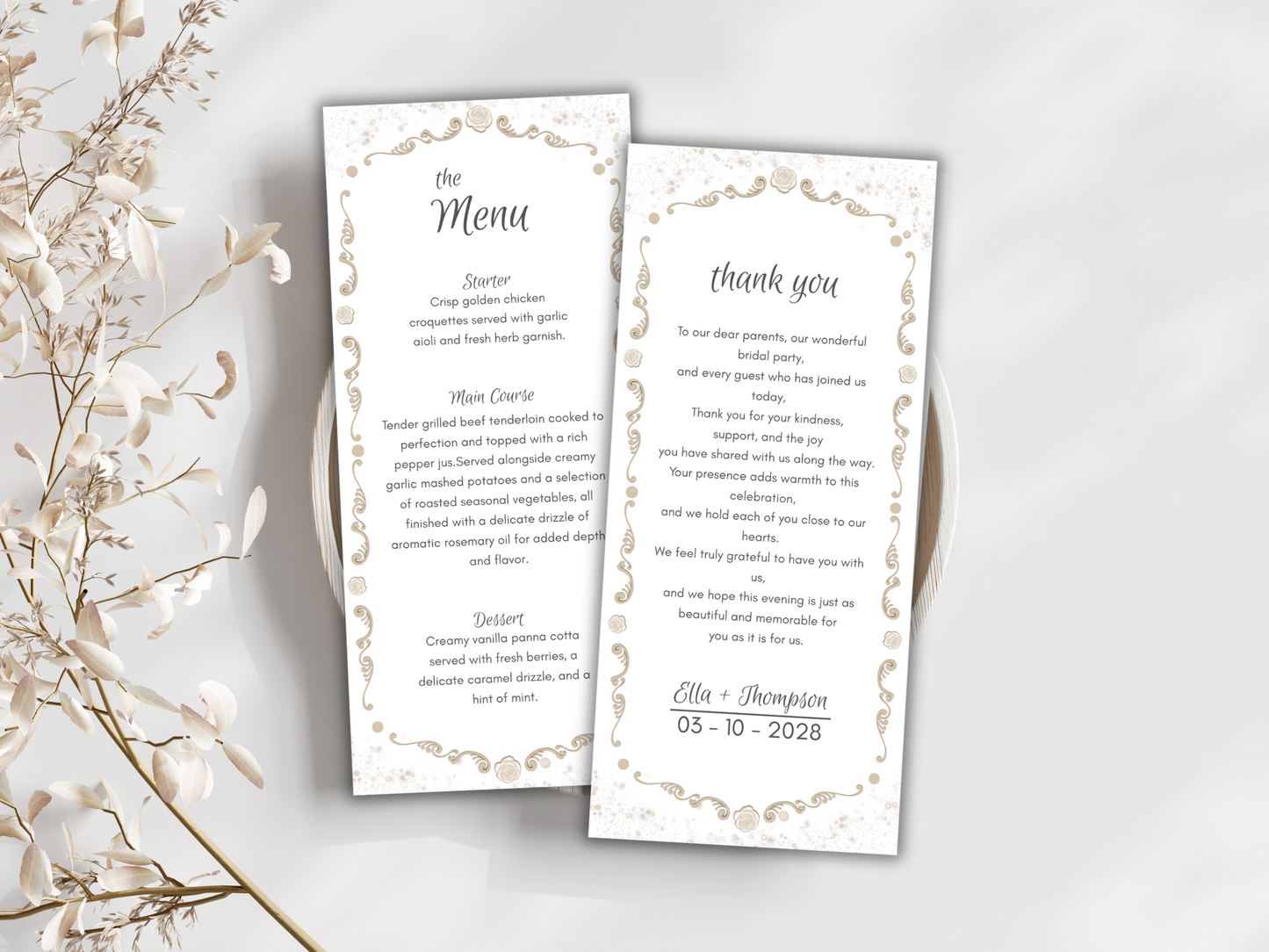 Wedding Thank you Card, Menu Card, Table Card. WI305