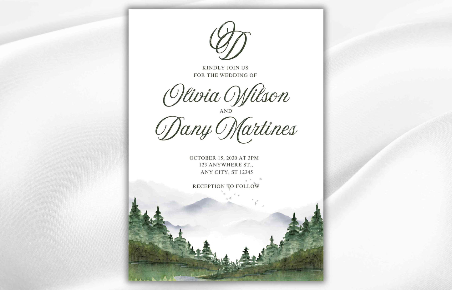 Rustic Mountain Wedding Invitation Suite: Woodland Forest Pine Design with Sage Details Card, Printable RSVP, Instant Download. WI94