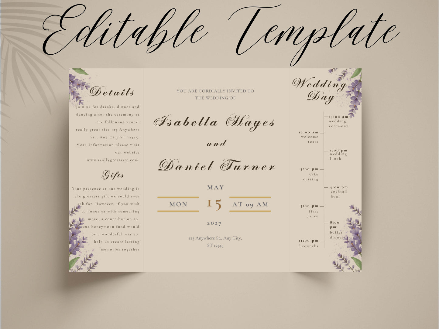 Elegant Wedding Invitation Card | Modern Floral Timeline Invite | Printable Details & Schedule | Personalized Digital Download. WI161