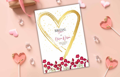 Red bridal shower invitation template, Red Wild Flower and Gold Heart invitation, 5 x 7 Editable Canva Template, Printable, B36