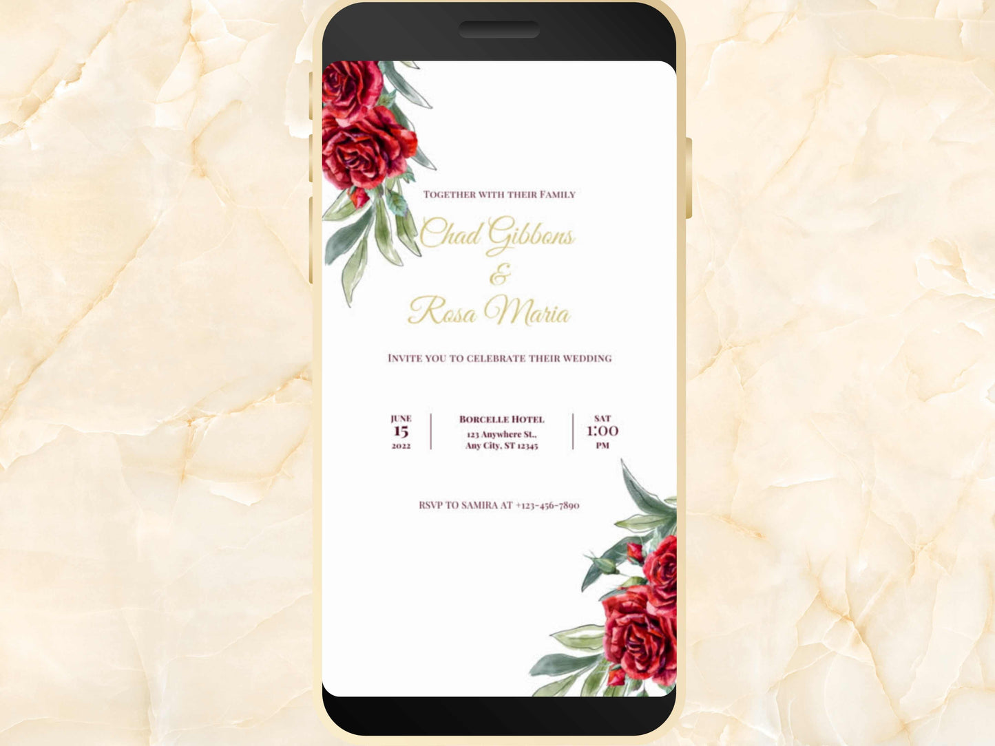 Red Rose Wedding Invitation, Electronic Wedding Invite Template , Digital Download, Red Rose Wedding Evite, Templett. WEI11