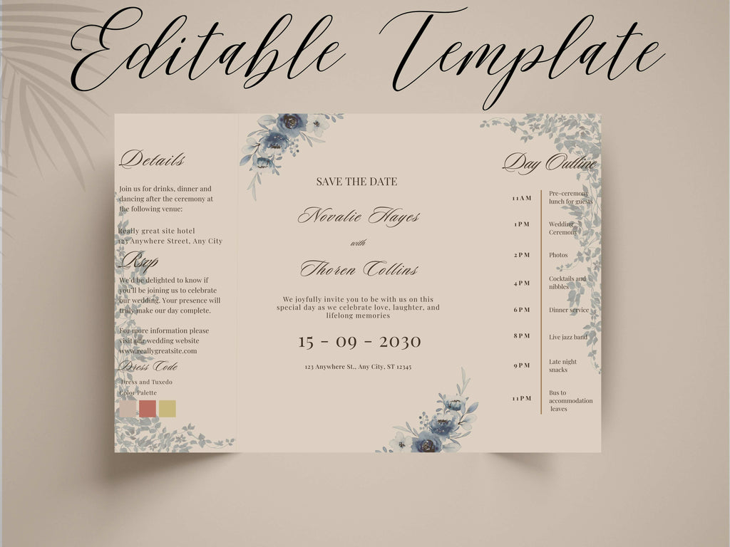 Blue Floral Wedding Itinerary Template, Save The Date Schedule Card, Elegant Navy Wedding Day Timeline, Printable Itinerary Invitation.WI175