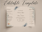 Blue Floral Wedding Itinerary Template, Save The Date Schedule Card, Elegant Navy Wedding Day Timeline, Printable Itinerary Invitation.WI175