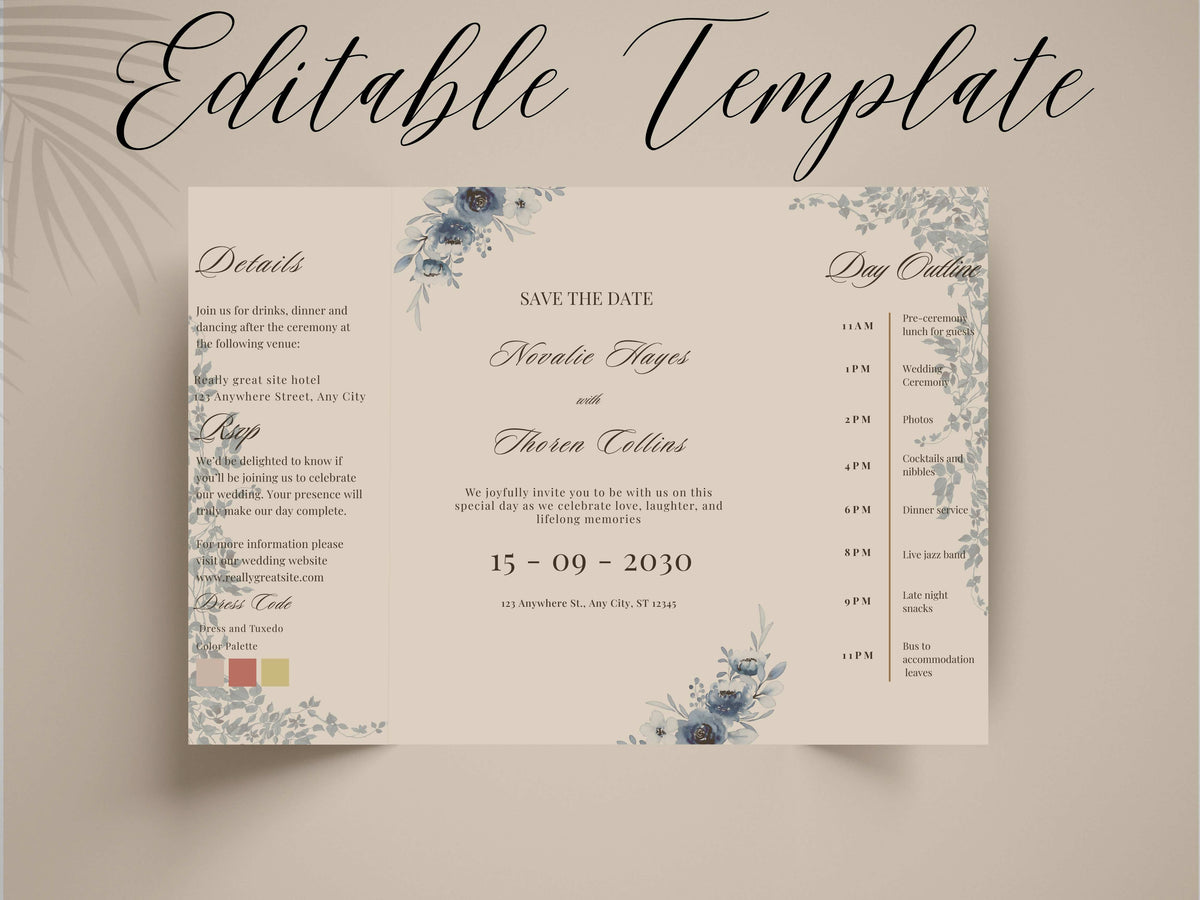 Blue Floral Wedding Itinerary Template, Save The Date Schedule Card, Elegant Navy Wedding Day Timeline, Printable Itinerary Invitation.WI175