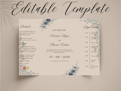 Blue Floral Wedding Itinerary Template, Save The Date Schedule Card, Elegant Navy Wedding Day Timeline, Printable Itinerary Invitation.WI175