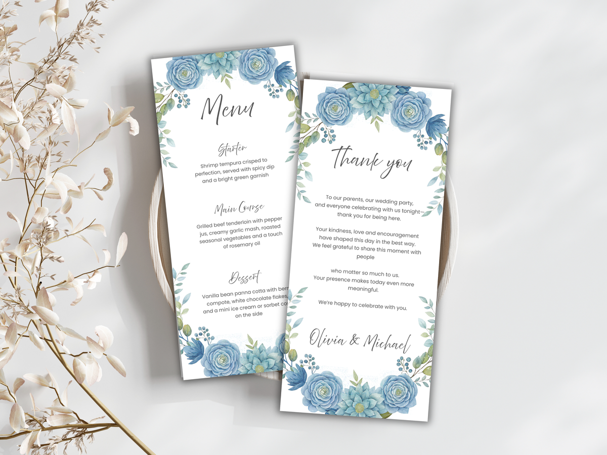 Floral Wedding Menu & Thank You Template | Editable Canva Place Card. WI206