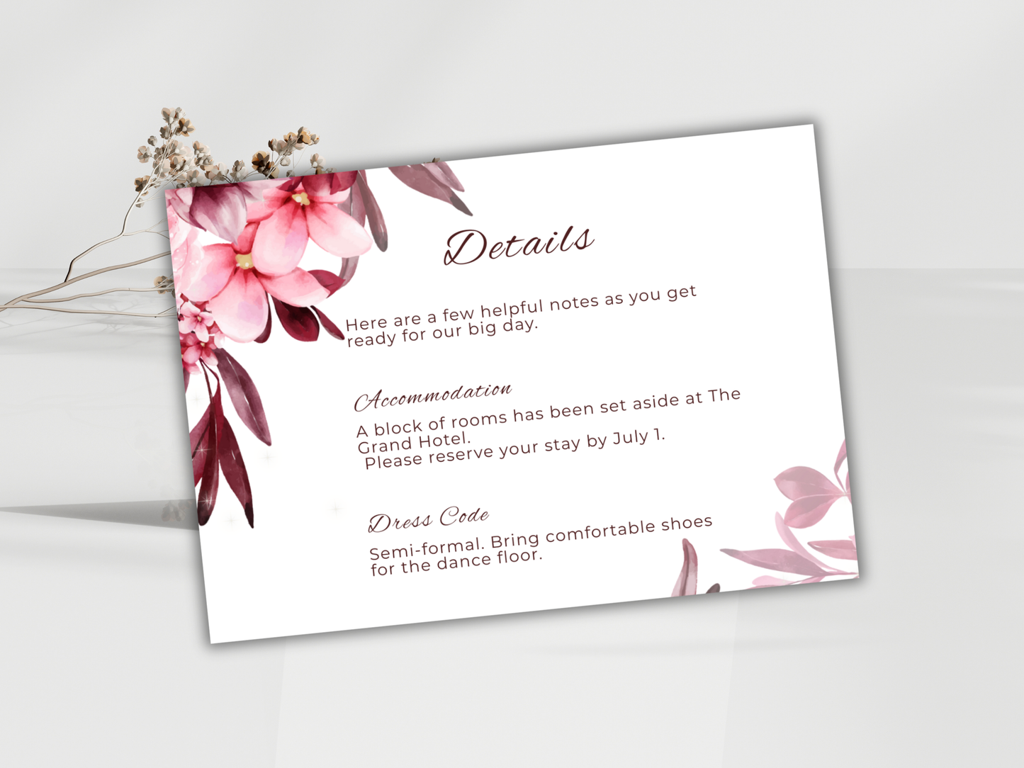 Wedding Invitation Set, RSVP, Dark Floral, Wedding Invitation, Details, Editable, Template, WI235