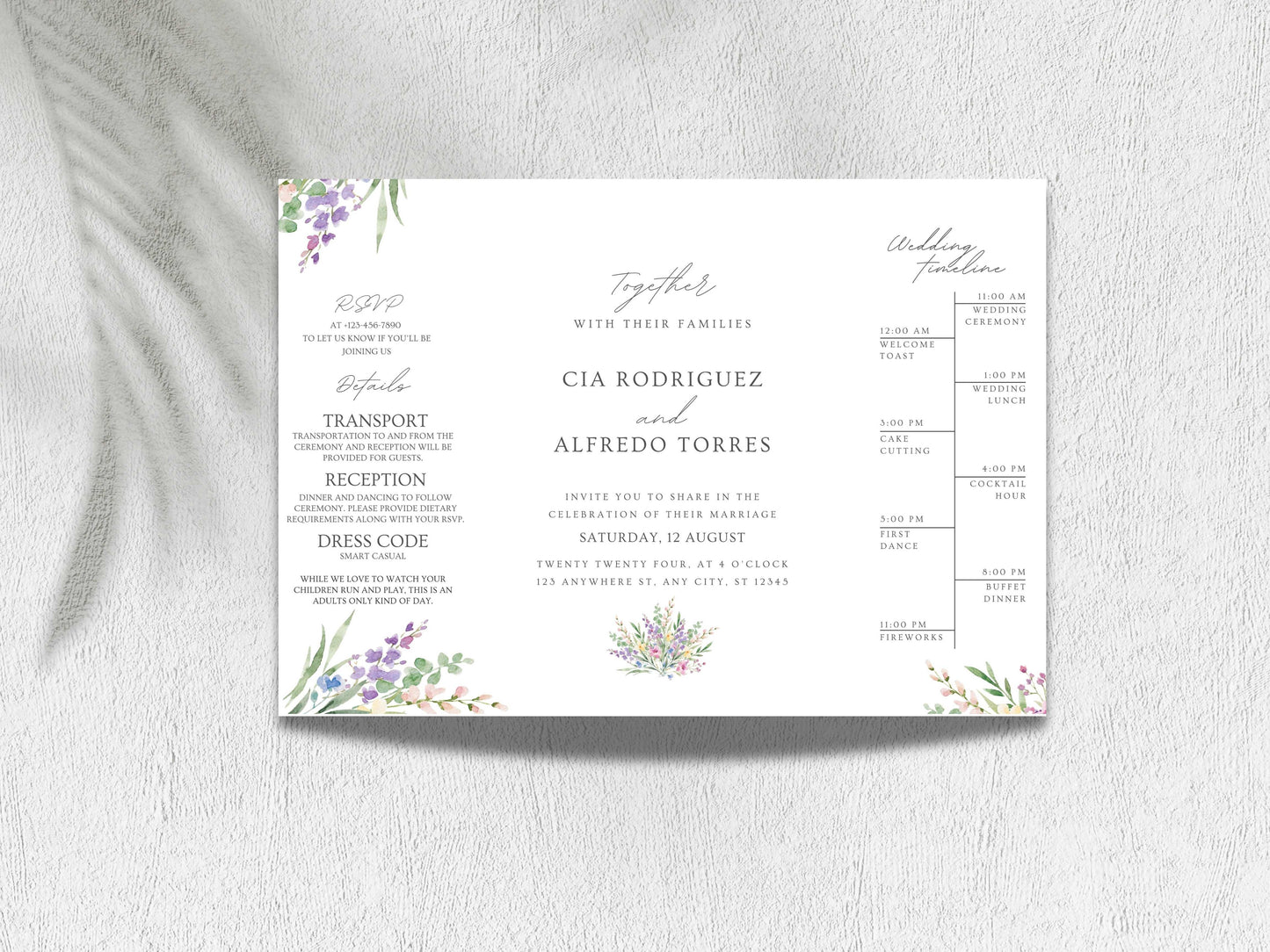 Elegant Floral Gatefold Wedding Invitation | Modern Minimalist Invite | Rustic Boho Wedding Card with Timeline & RSVP Details. WI131