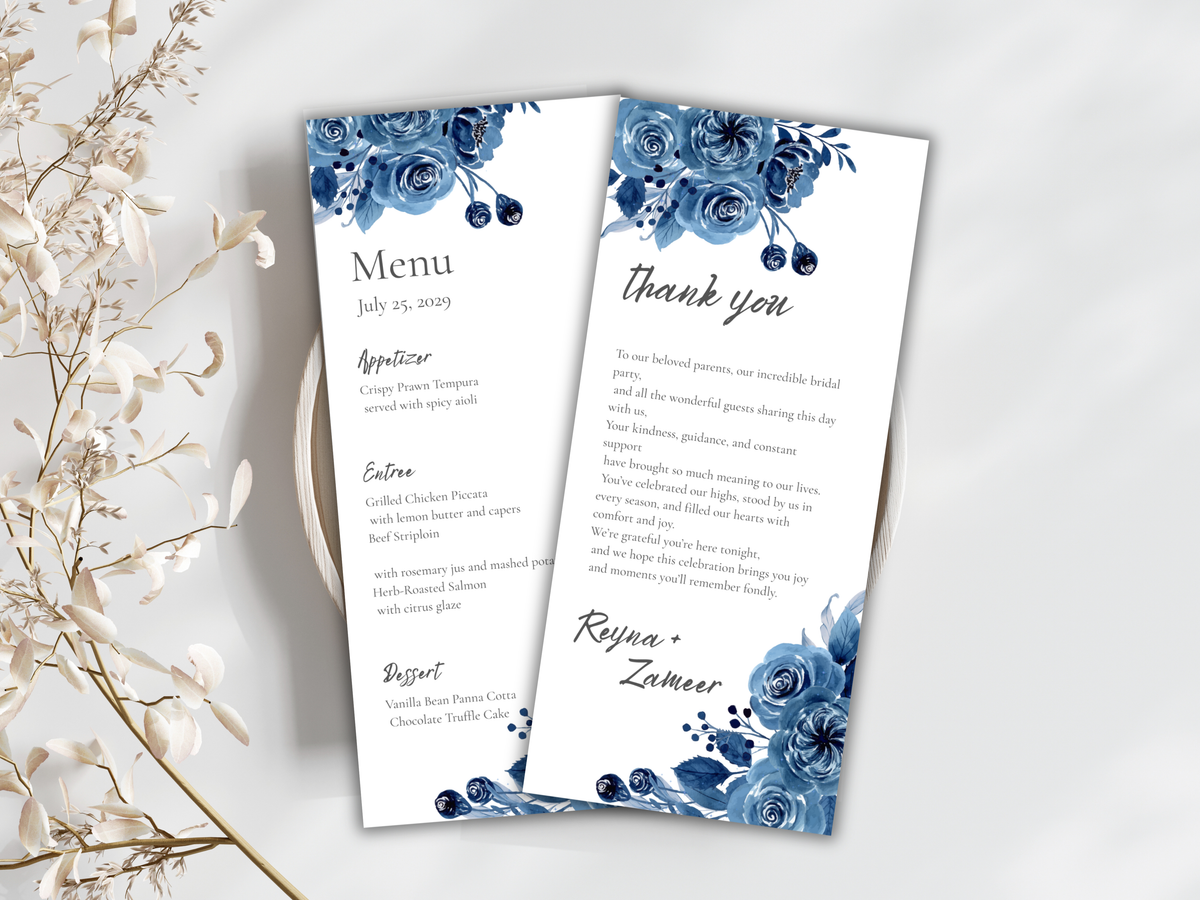 Blue Floral Wedding Menu & Thank You Card Set, Editable Template, Place Card.WI213