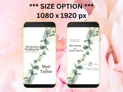 Digital Wedding Invitation, Eucalyptus Mobile Invite, Greenery invitation Template, Greenery Smartphone Evite, Mobile Invite. WEI34