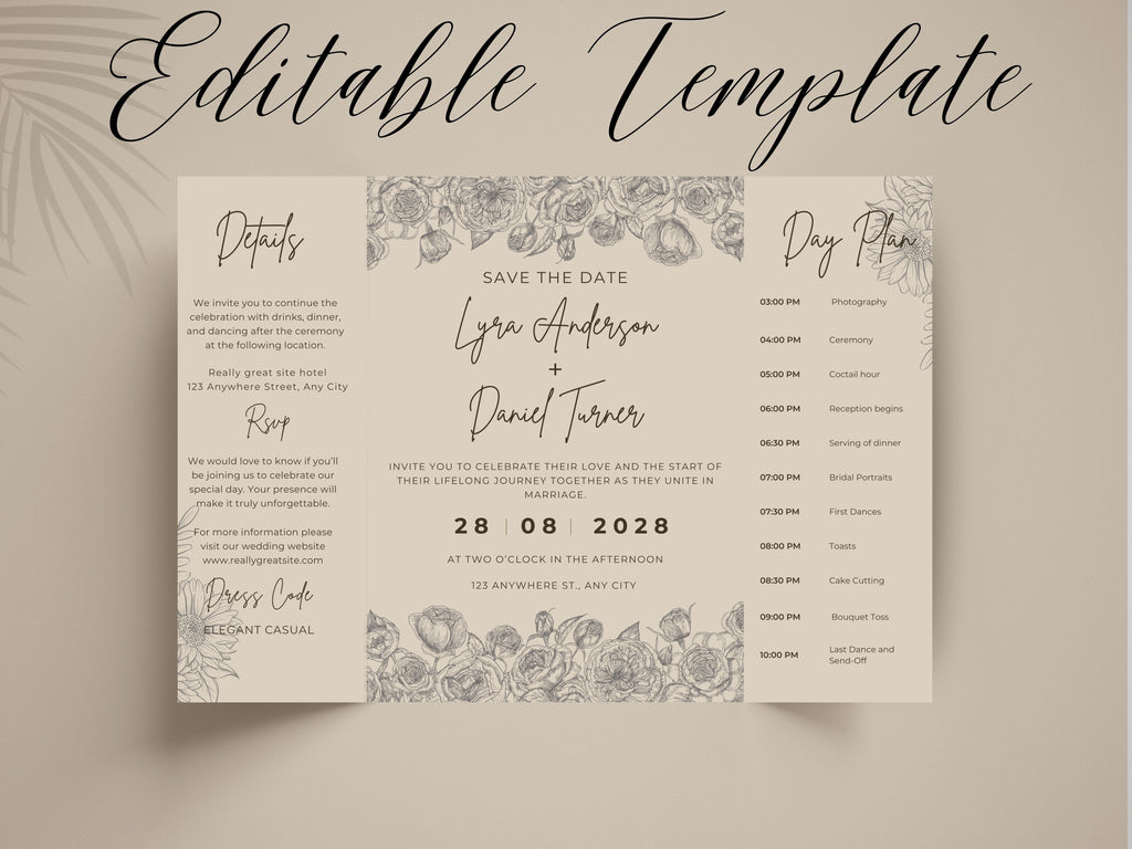 Gatefold Wedding Invitation Template | Minimalist Floral Wedding Invite | Modern Save the Date Template | Printable Wedding Suite. WI186