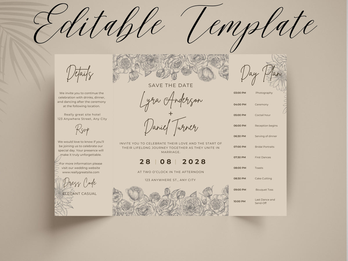 Gatefold Wedding Invitation Template | Minimalist Floral Wedding Invite | Modern Save the Date Template | Printable Wedding Suite. WI186