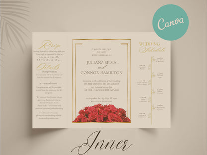 Elegant Red Rose Gatefold Wedding Invitation | Romantic Floral Wedding Card | Printable Invitation Suite | Red Wedding Timeline | WI140