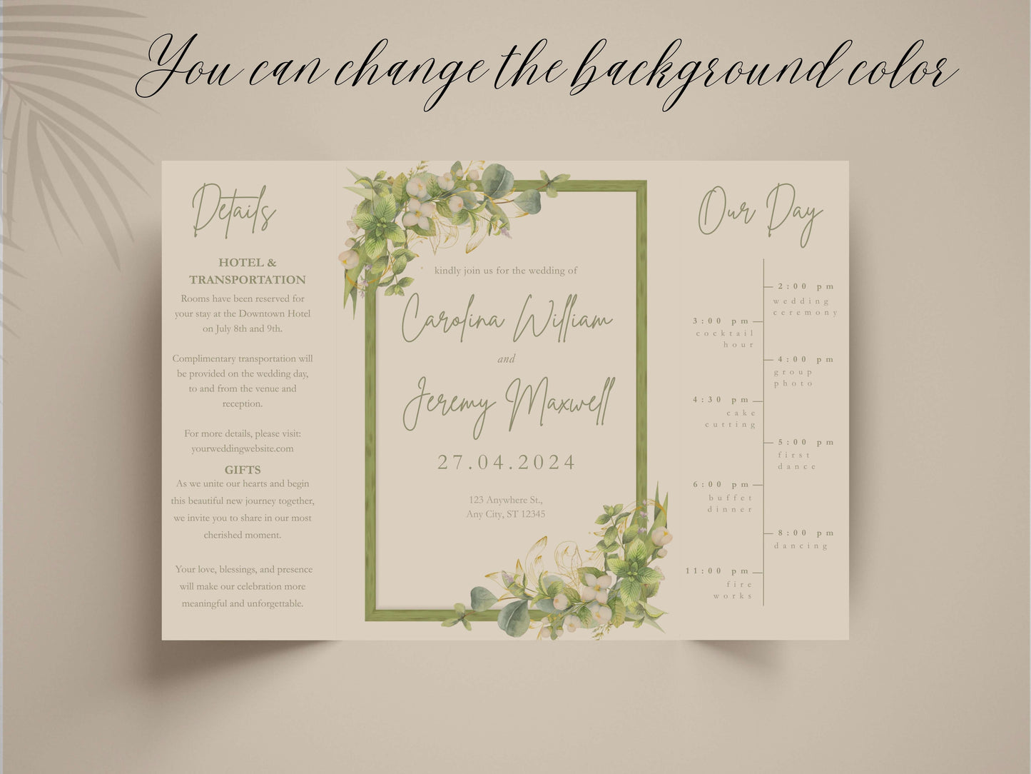 Greenery Wedding Invitation Template | Floral Timeline Itinerary Card | Rustic Botanical Printable Wedding Program. WI148