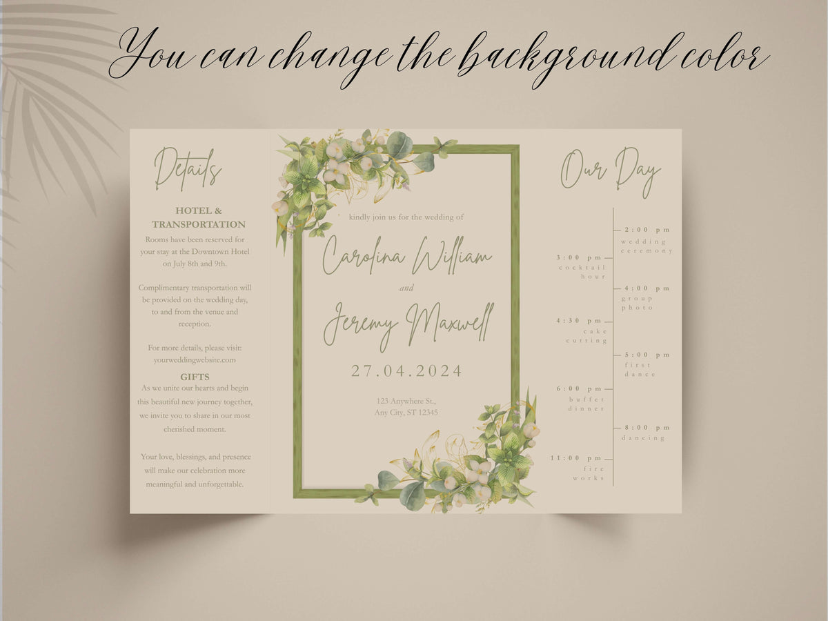 Greenery Wedding Invitation Template | Floral Timeline Itinerary Card | Rustic Botanical Printable Wedding Program. WI148