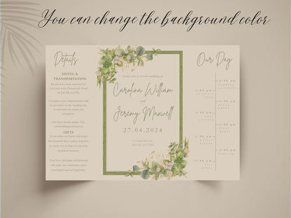 Greenery Wedding Invitation Template | Floral Timeline Itinerary Card | Rustic Botanical Printable Wedding Program. WI148