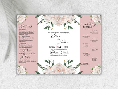 Gatefold Floral Wedding Invitation with Timeline – Rose Garden Theme | Gatefold Editable Invite | Editable Template. WIB120