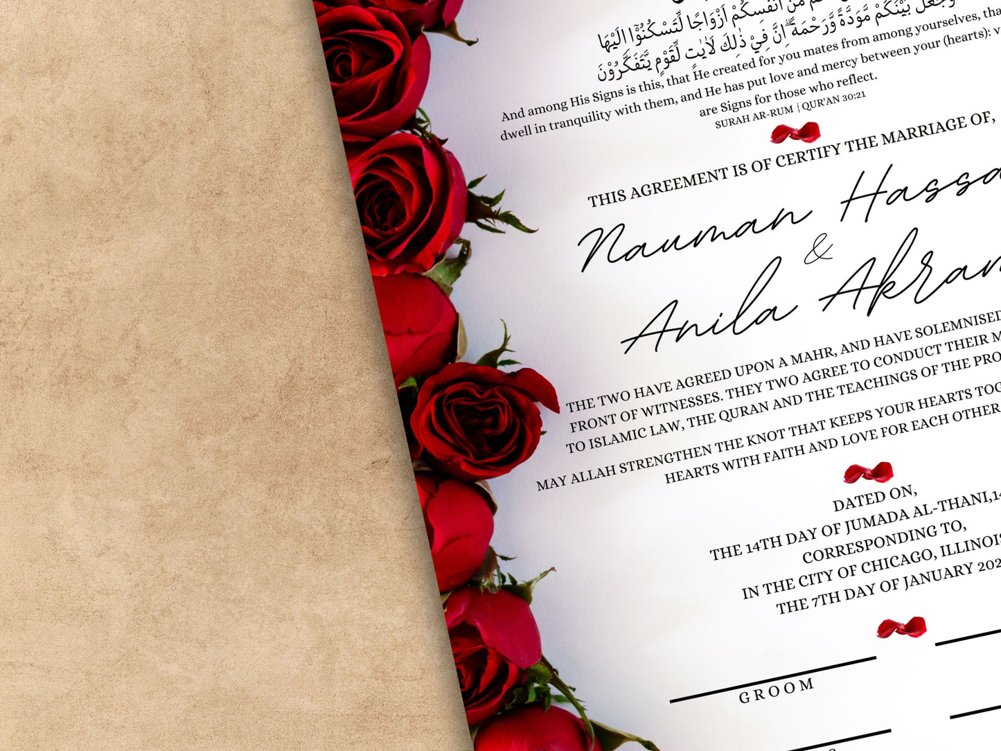 Luxury Nikkah Certificate, Premium A4 Islamic Wedding Contract, Nikkah Nama, Muslim Marriage Certificate, Personalised Names, A4, A3. NN248