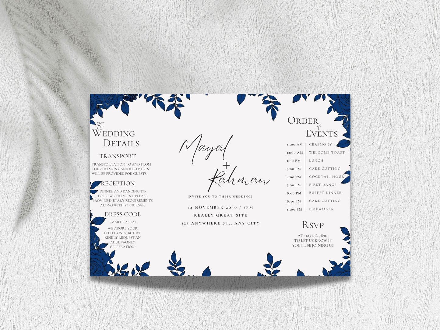 Elegant Gatefold Wedding Invitation | Blue Floral Printable Invite | Modern Ceremony Reception Card | Editable Template. WI133