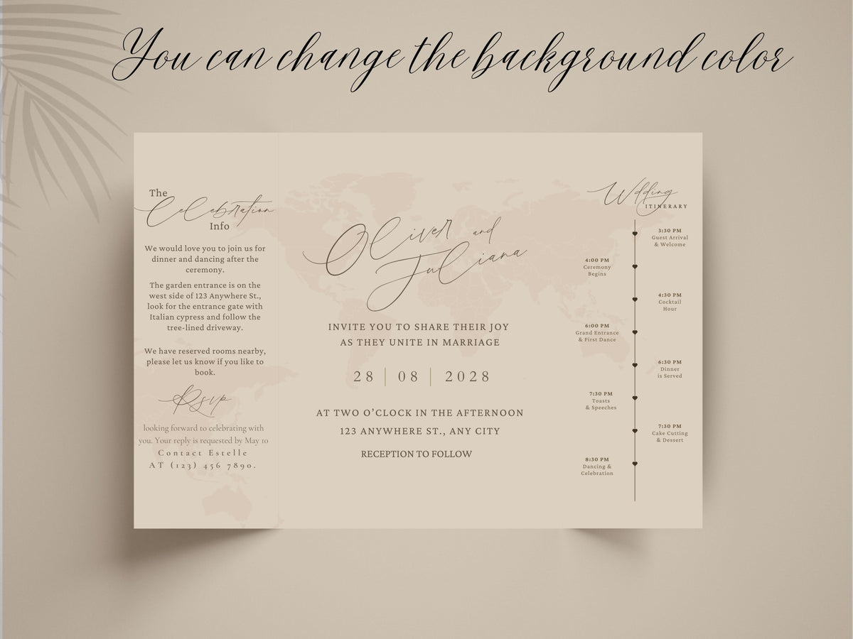 Destination Wedding Invitation Template Gatefold | Elegant Folded Travel Theme Invite | Printable Timeline & RSVP Card. WI146