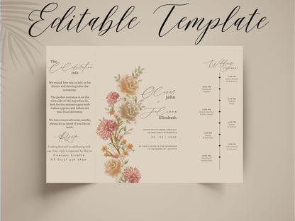 Gatefold Wedding Invitation Template with Itinerary | Floral Boho Wedding Invite | RSVP & Timeline Card | Printable Digital Download. WI165