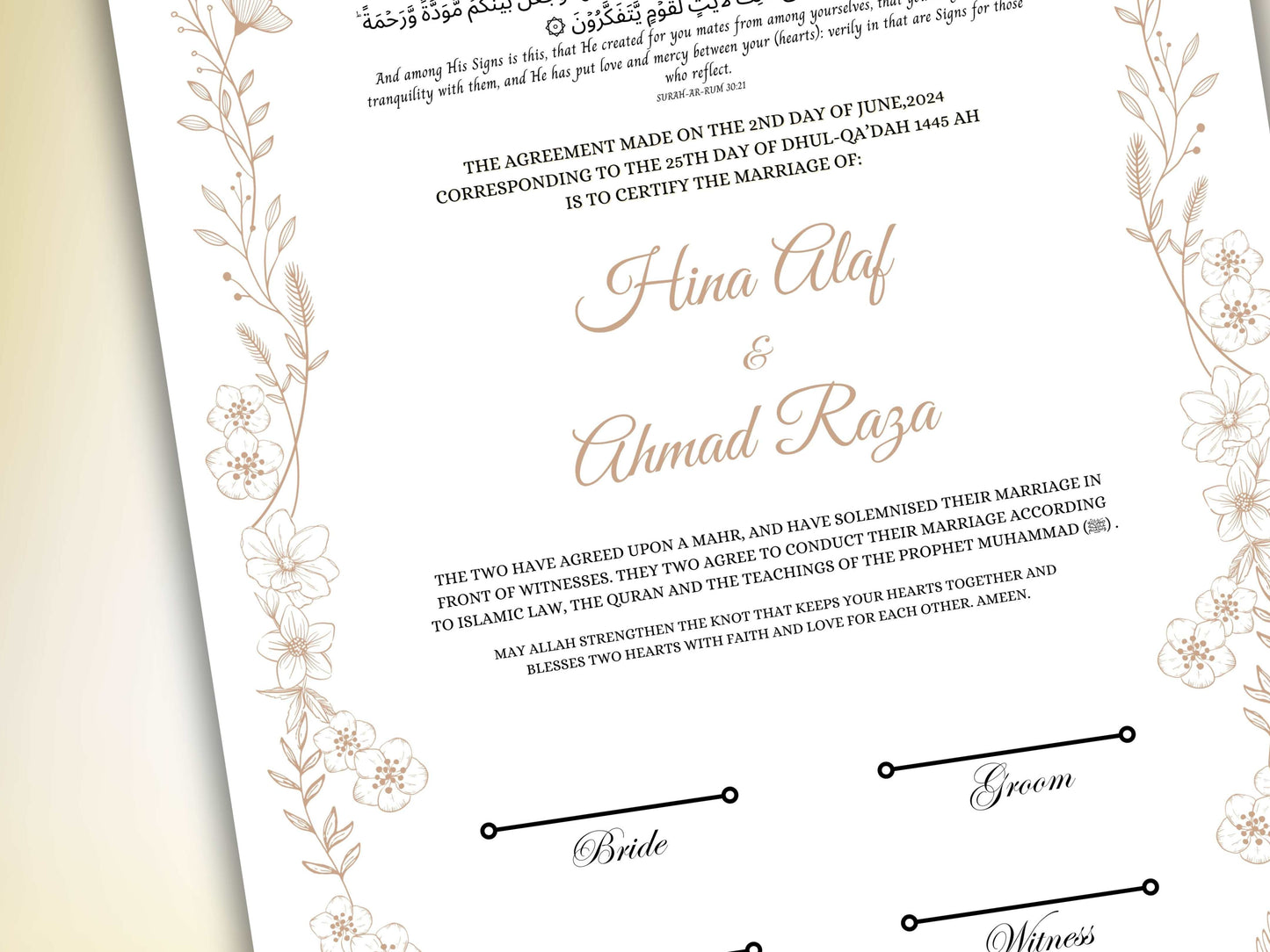 Luxury Nikkah Certificate, Premium A4 Islamic Wedding Contract, Nikkah Nama, Muslim Marriage Certificate, Personalised Names, A4, A3. NN251