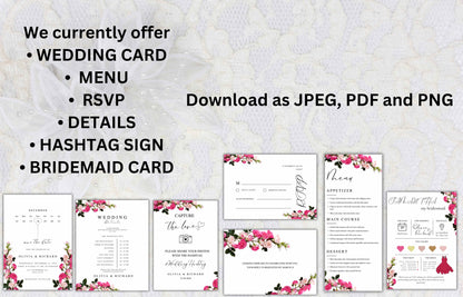 Pink Rose Wedding Invitation Bundle, Printable Wedding Invite, Editable Template, RSVP, Details, Bridesmaid Card, Menu Card, Digital. WT41