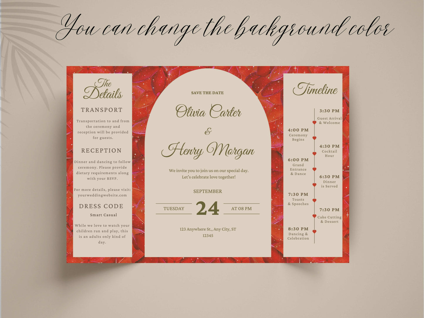 Red Rose Gatefold Wedding Invitation Template | Save The Date | Timeline & Details Card | Printable Wedding Invite | Editable PDF. WI153