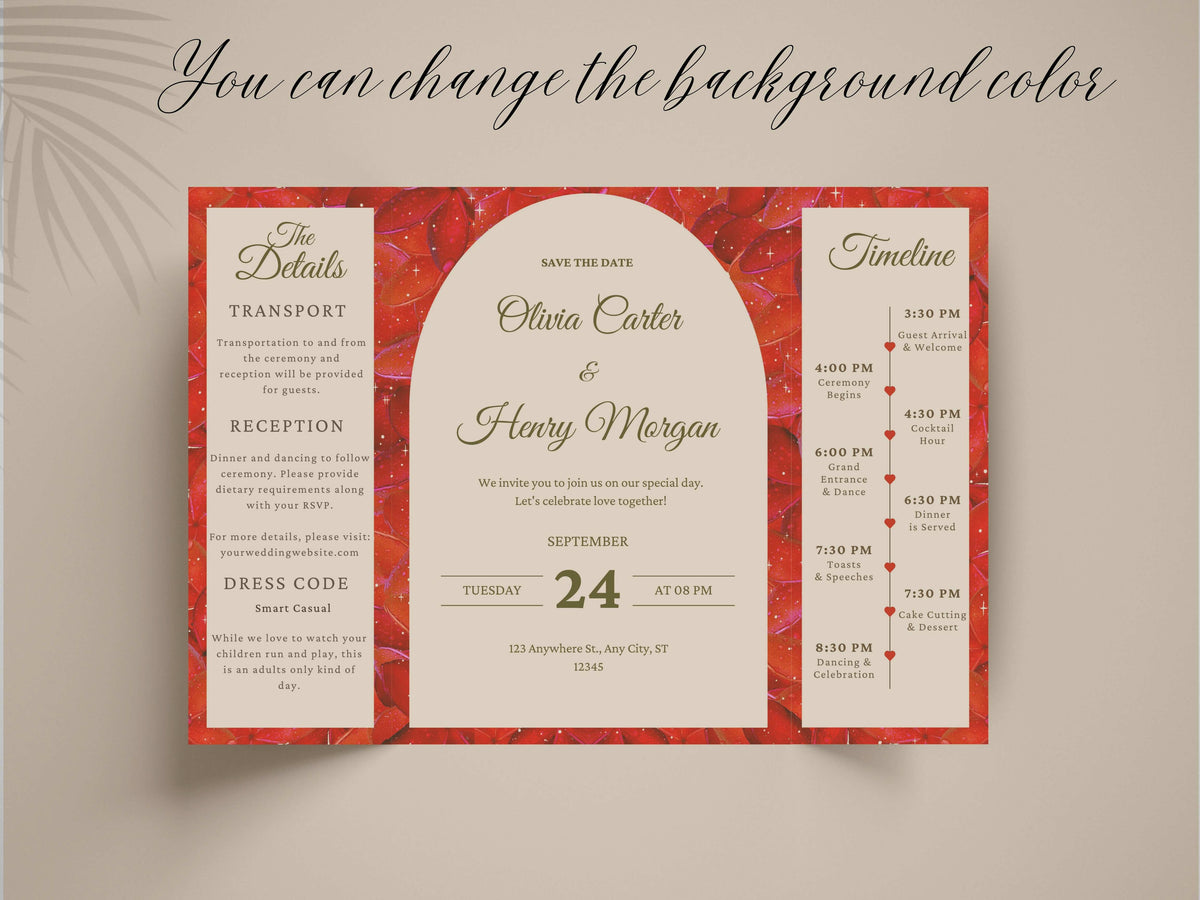 Red Rose Gatefold Wedding Invitation Template | Save The Date | Timeline & Details Card | Printable Wedding Invite | Editable PDF. WI153