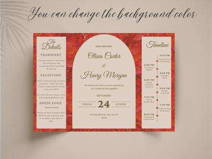 Red Rose Gatefold Wedding Invitation Template | Save The Date | Timeline & Details Card | Printable Wedding Invite | Editable PDF. WI153