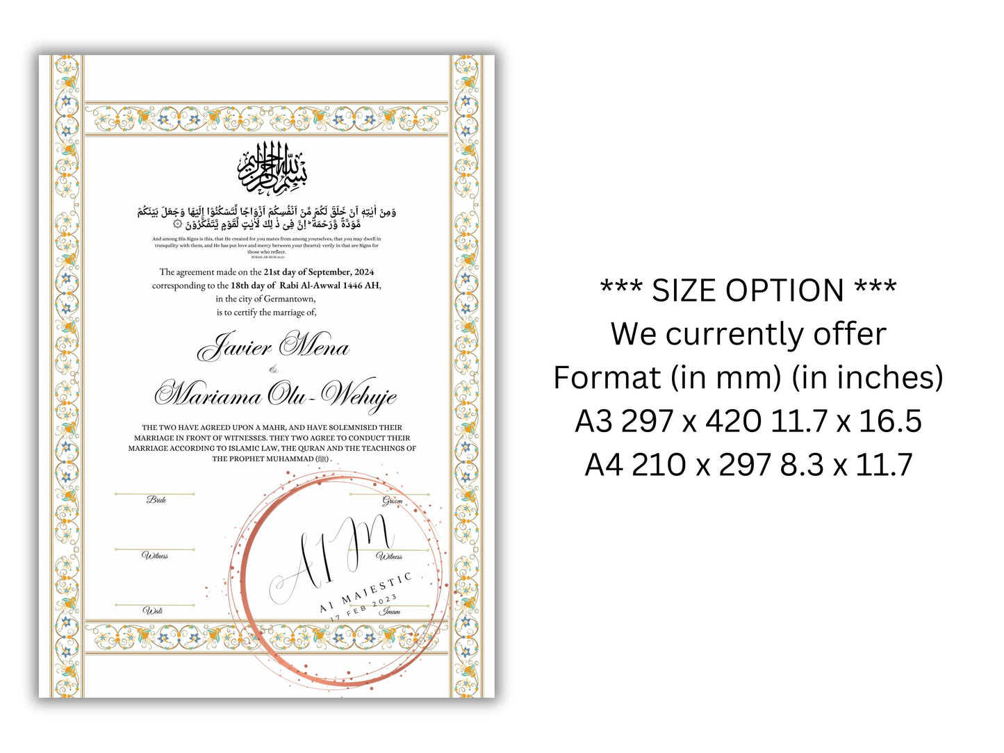 Luxury Nikkah Certificate, Premium A4 Islamic Wedding Contract, Nikkah Nama, Muslim Marriage Certificate, Personalised Names, A4, A3. NN274