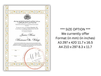 Luxury Nikkah Certificate, Premium A4 Islamic Wedding Contract, Nikkah Nama, Muslim Marriage Certificate, Personalised Names, A4, A3. NN274