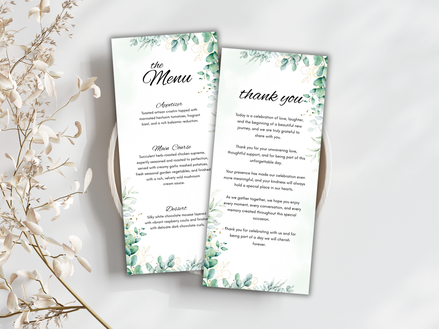 Sage Green Wedding Menu, Thank You & Table Cards, Editable Canva Template WI402