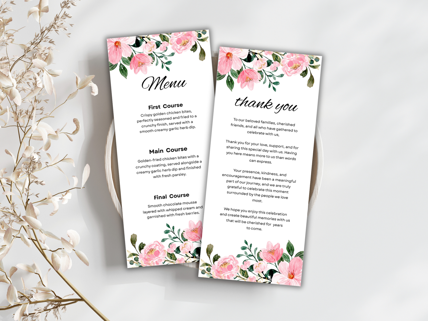 Wedding Menu, Thank You, Table Cards (Editable Canva Template) WI384