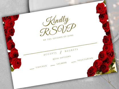 Red Rose Wedding Invitation set, Red Rose RSVP, Dark Red floral, Elegant Red Rose wedding Invitation, Details Editable, Menu Card, WT38