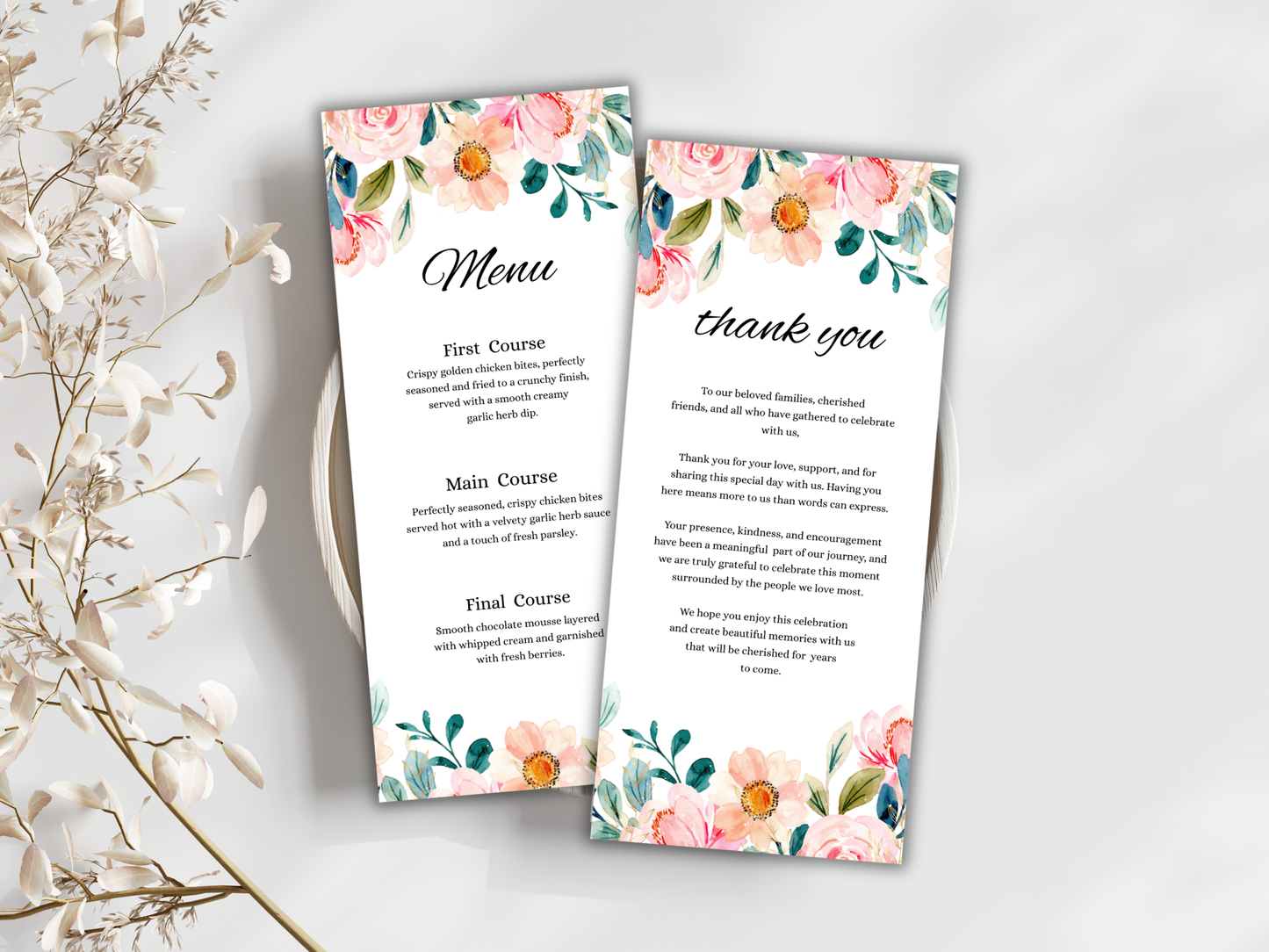 Wedding Menu, Thank You, Table Cards (Editable Canva Template) WI382