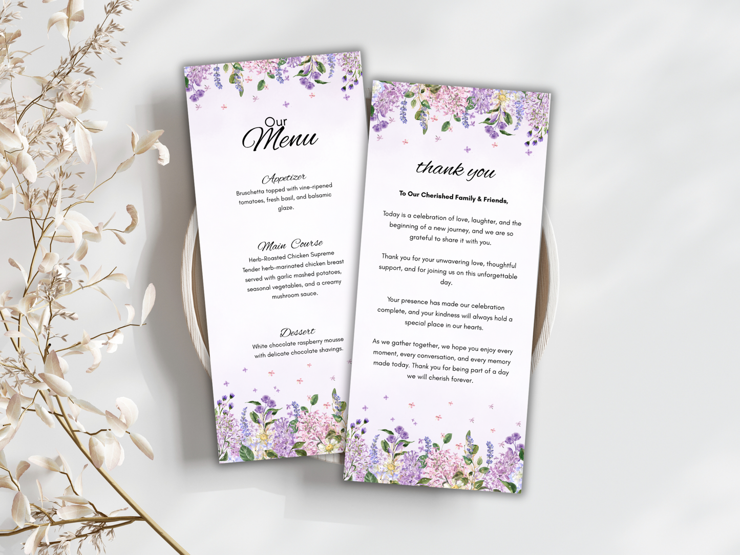 Wedding Menu, Thank You, Table Cards (Editable Canva Template) WI392