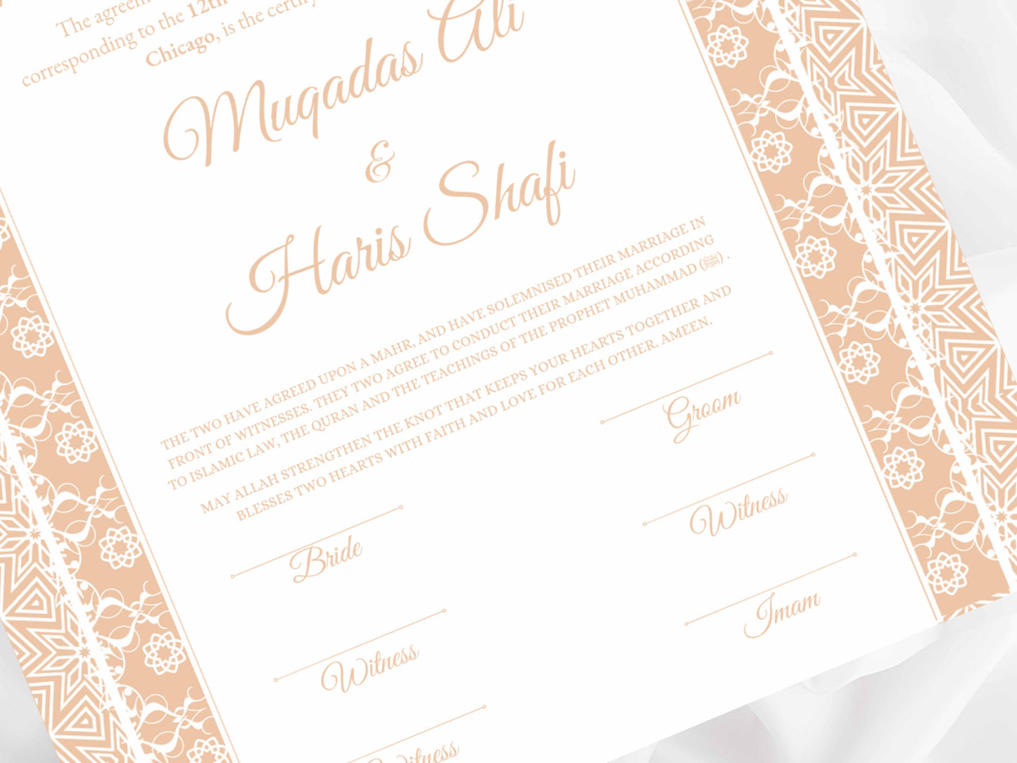 Luxury Nikkah Certificate | Premium Islamic Wedding Contract Gift | Personalised Custom Nikkah Nama | Muslim Marriage. NN70