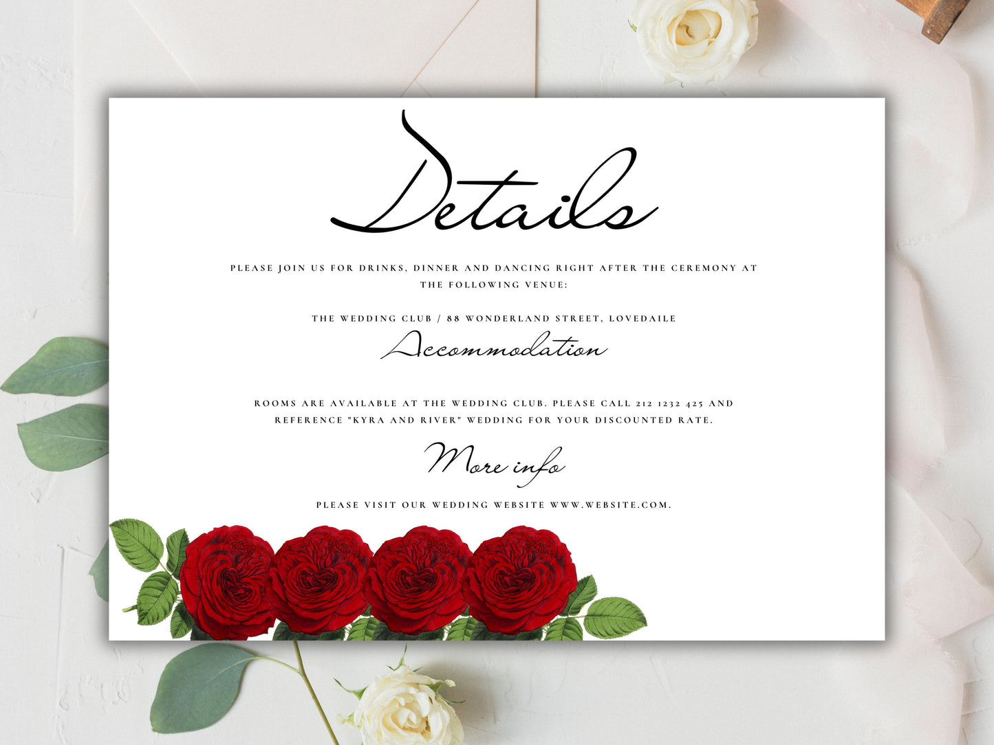 Red and White Wedding Invitation Set, Red Roses Wedding Invite, Floral Wedding, RSVP Card, Details Card, Printable Wedding Invite Suite.WT81