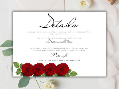 Red and White Wedding Invitation Set, Red Roses Wedding Invite, Floral Wedding, RSVP Card, Details Card, Printable Wedding Invite Suite.WT81