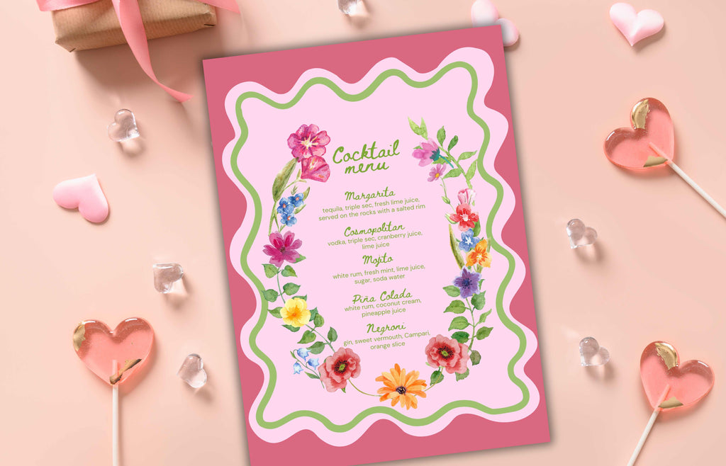 Colorful Floral Cocktail Menu Template, Printable Drinks Sign, Bar Menu Garden Party, Drink Menu, Biotical Wavy Cocktail Menu. WSB39