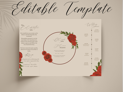 Red Rose Wedding Invitation Template Gatefold Style | Floral Wedding Invite | Romantic Printable Invitation Set | Modern Wedding Card. WI180