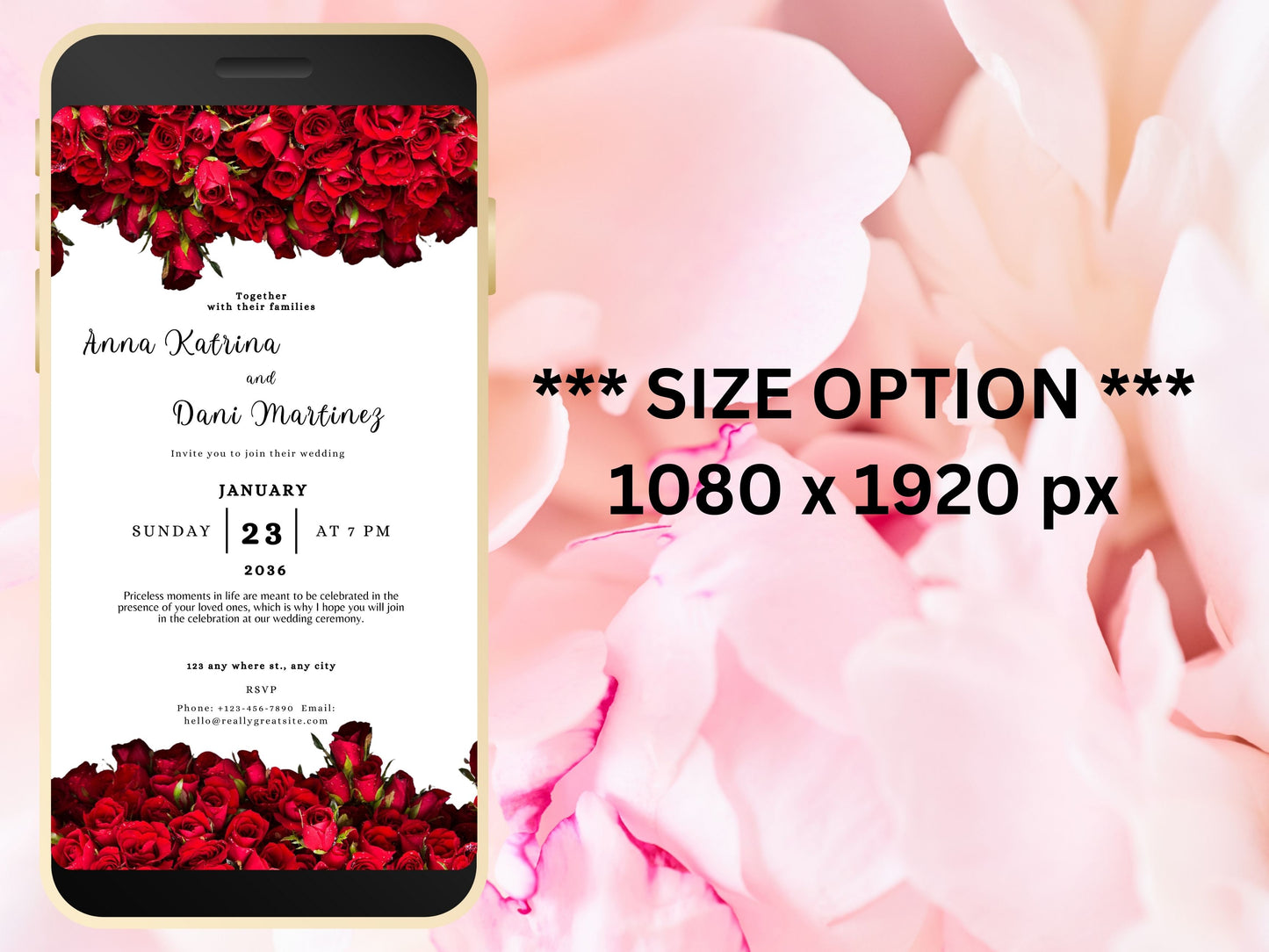 Red Rose Wedding Evite Template, Electronic Wedding Invitation, Red Rose video Wedding Invitation, Text Message, Mobile Phone Invite. WEI25