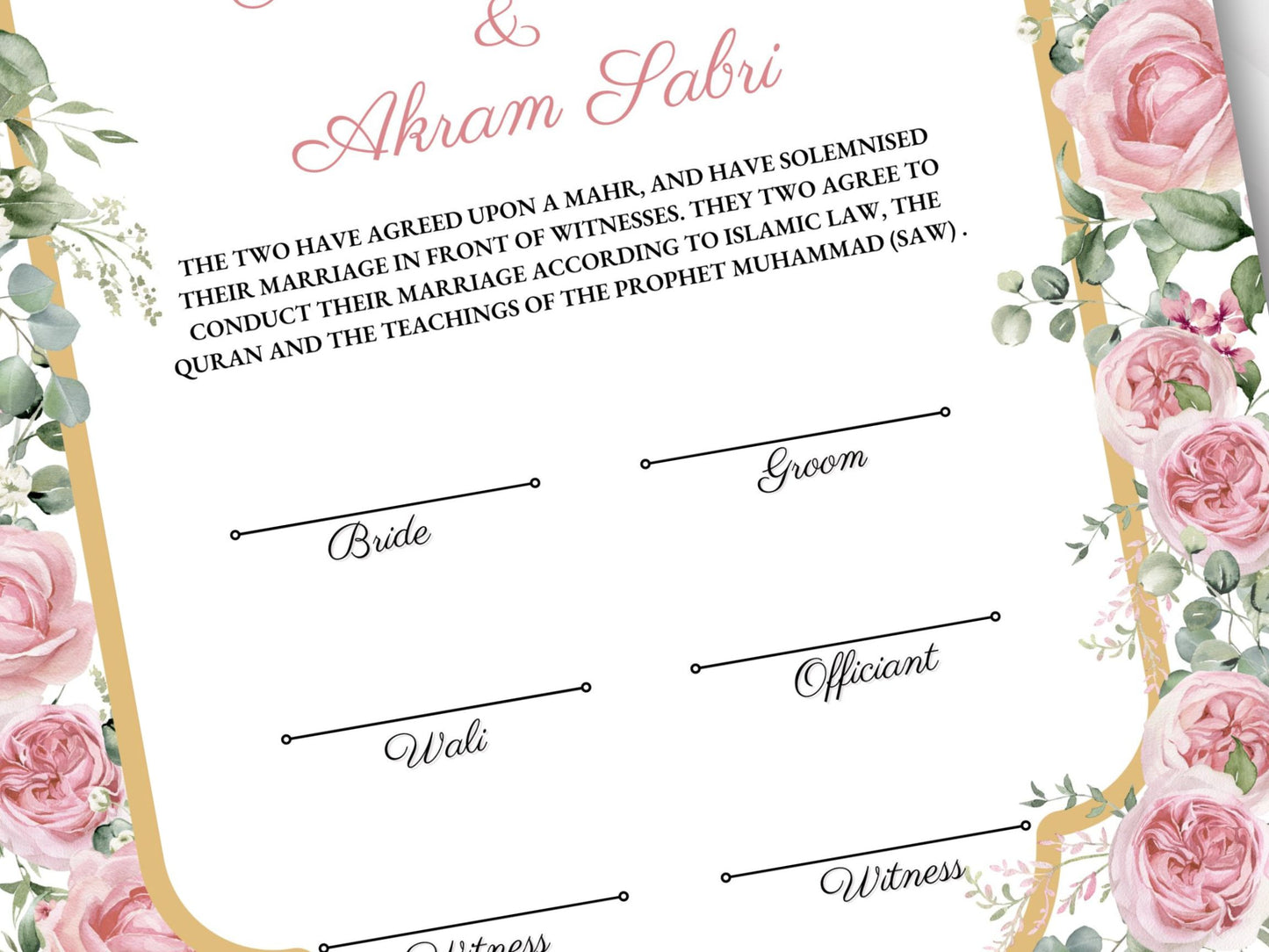 Nikkah Certificate, Muslim Nikkah Certificate, Islamic Marriage Contract Template,Pink Nikah Contract, Digital Download. NN269